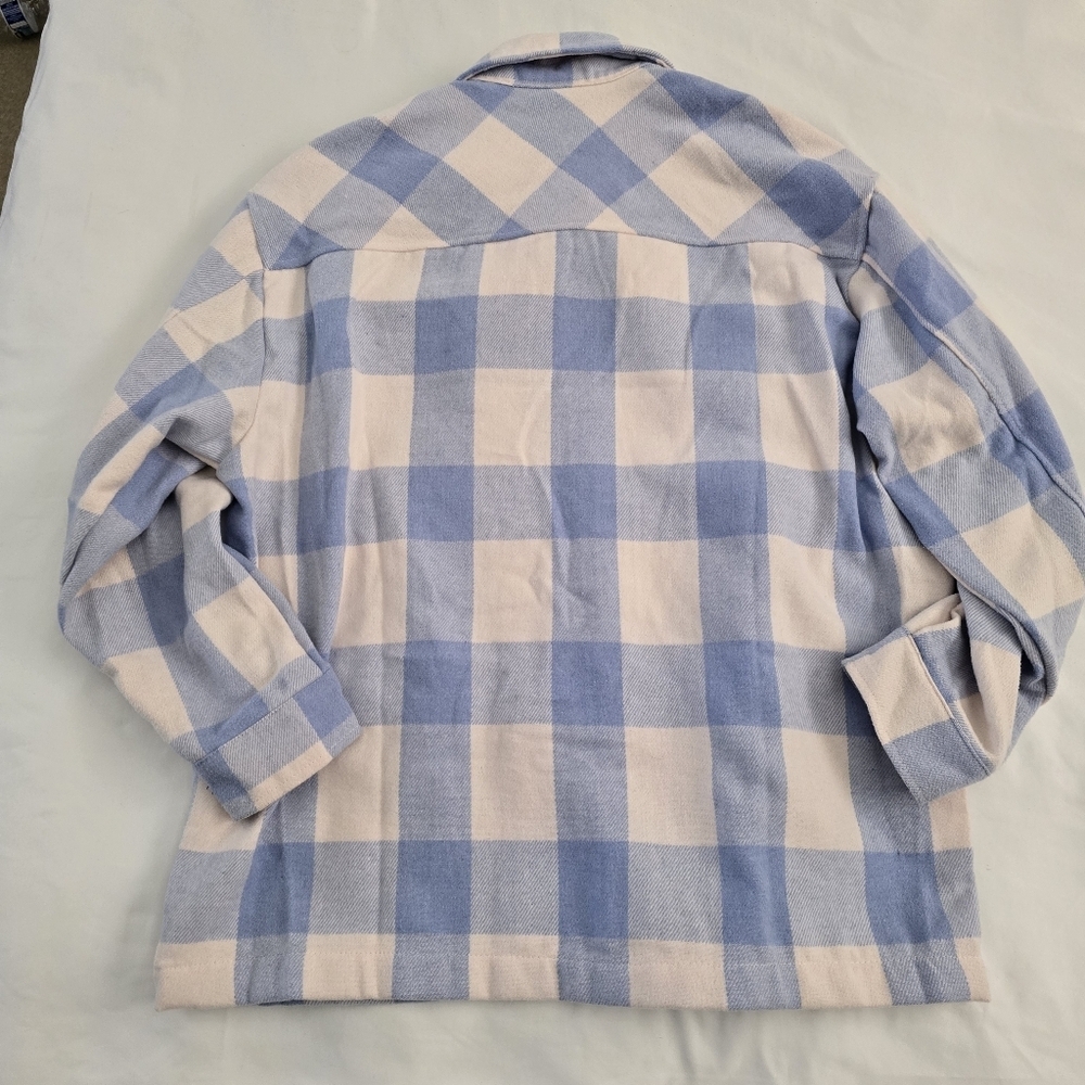 HFX Blue & Cream Buffalo Plaid Shacket Jacket Women's Medium Cozy Button Front - Picture 7 of 7